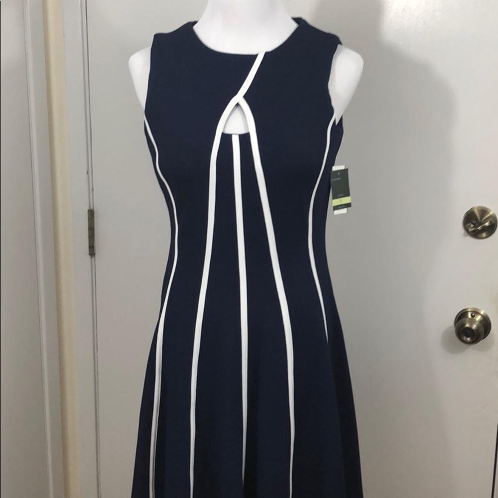 Navy Pleated Dress with White Ribbing
